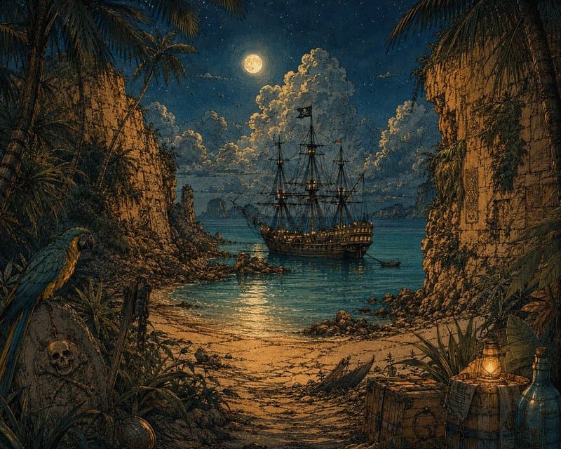 Pirate cove by moonlight — stars, lantern glow, ship in silhouette
