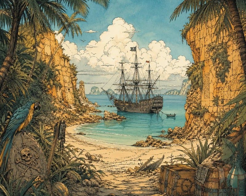 Pirate cove at noon — calm waters, ship at anchor