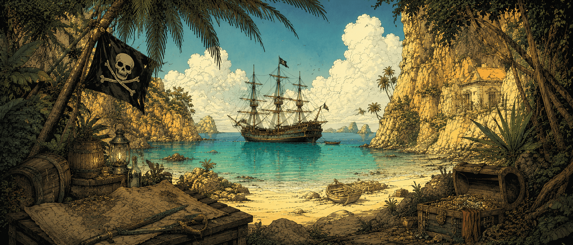 Pirate cove at noon — wide panorama, calm waters, ship at anchor