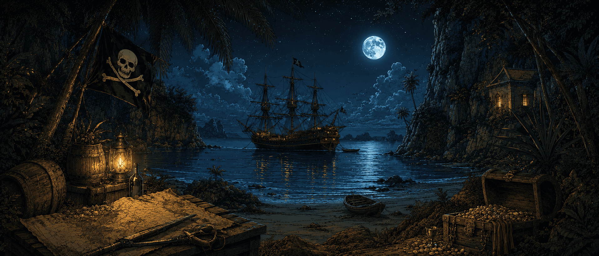 Pirate cove by moonlight — wide panorama, stars, lantern glow, ship in silhouette