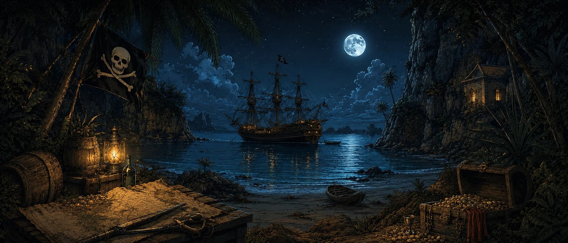 Pirate cove by moonlight — wide panorama, stars, lantern glow, ship in silhouette